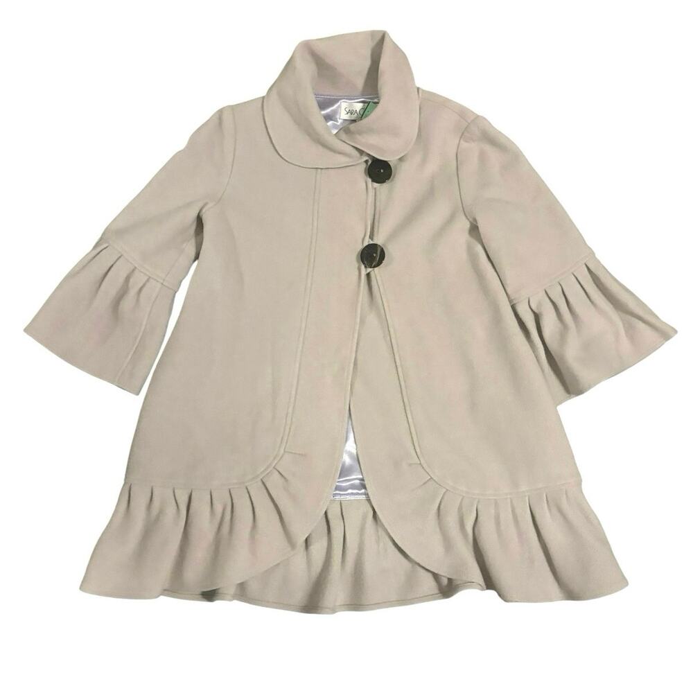 SARA CAMPBELL COAT WOOL BLEND A-LINE RUFFLE SLEEVES & HEM IN BEIGE COLOR SIZE S